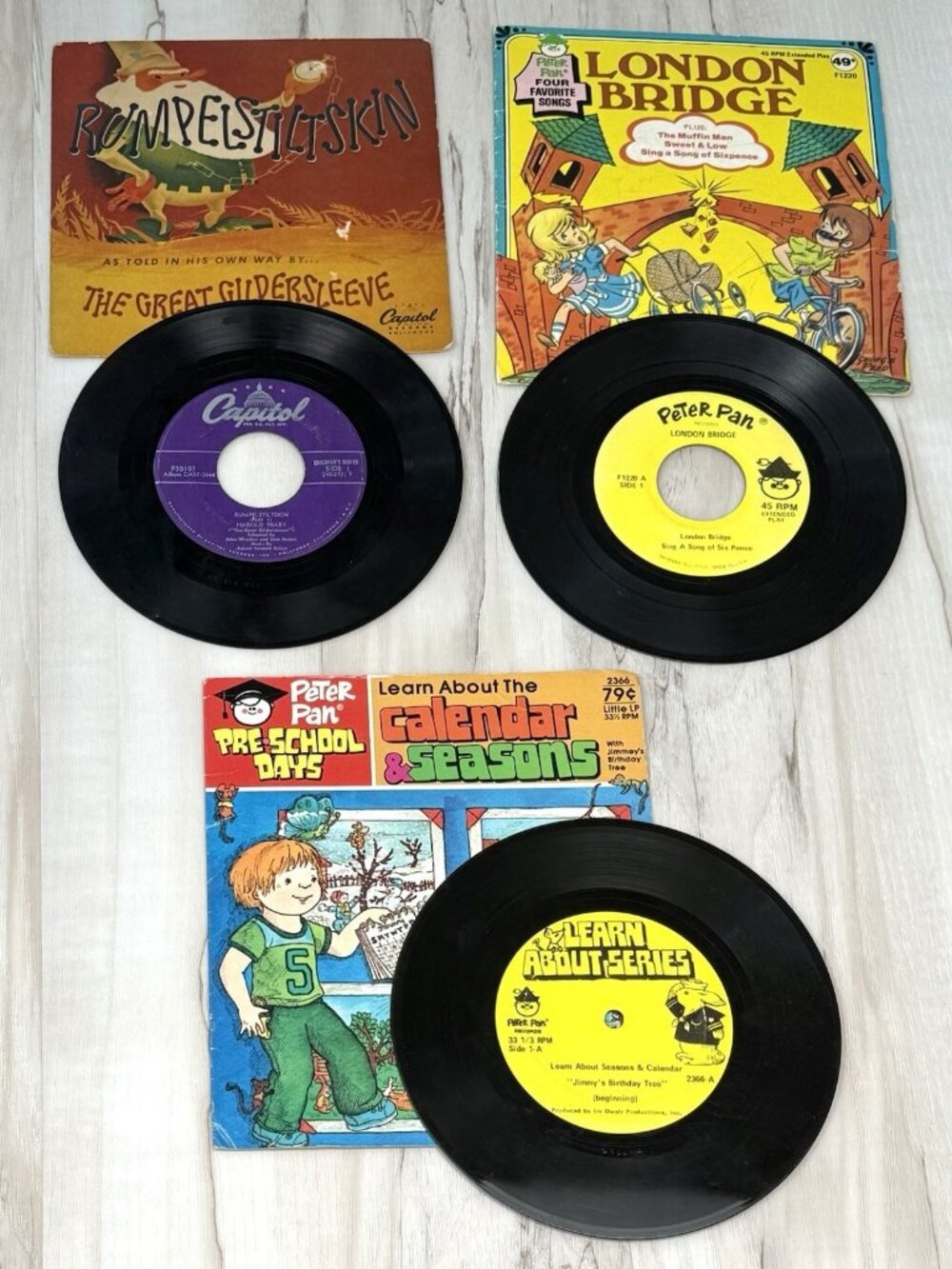 VTG Lot 3 Kids 33-1/3 & 45rpm Records Rumpelstiltskin London Bridge Seasons
